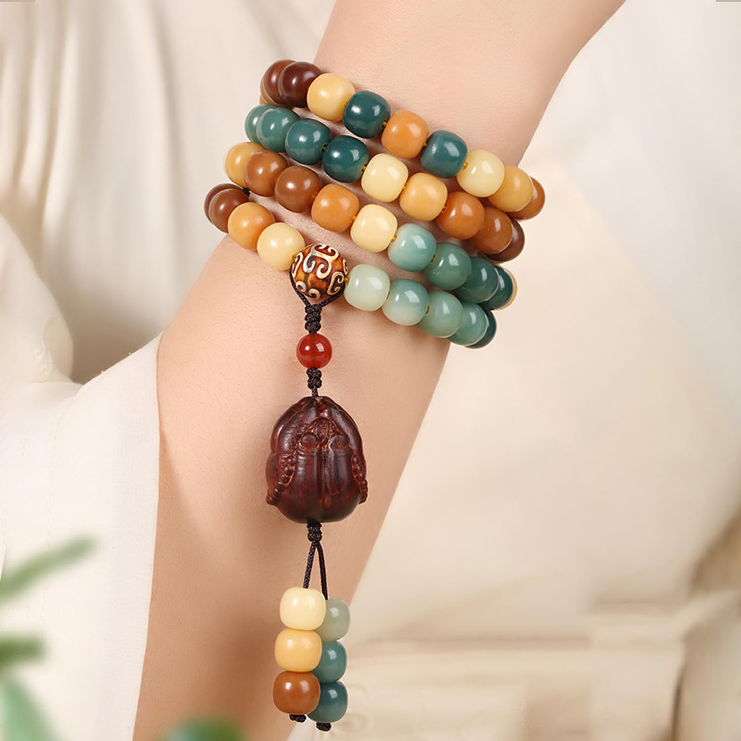 Pulsera de Cuentas Bodhi Naturales de 108 Cuentas Mala para Mujer, Collar de Cuentas de oración Budista con Manos en oración.