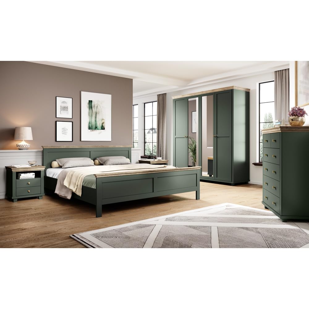 Lomadox Schlafzimmer Komplett Set Landhaus grün Eiche Doppelbett Bettgestell Liegefläche 180 x 200 cm Kleiderschrank Spiegeltüren Kommode Nachttisch Nachtschrank