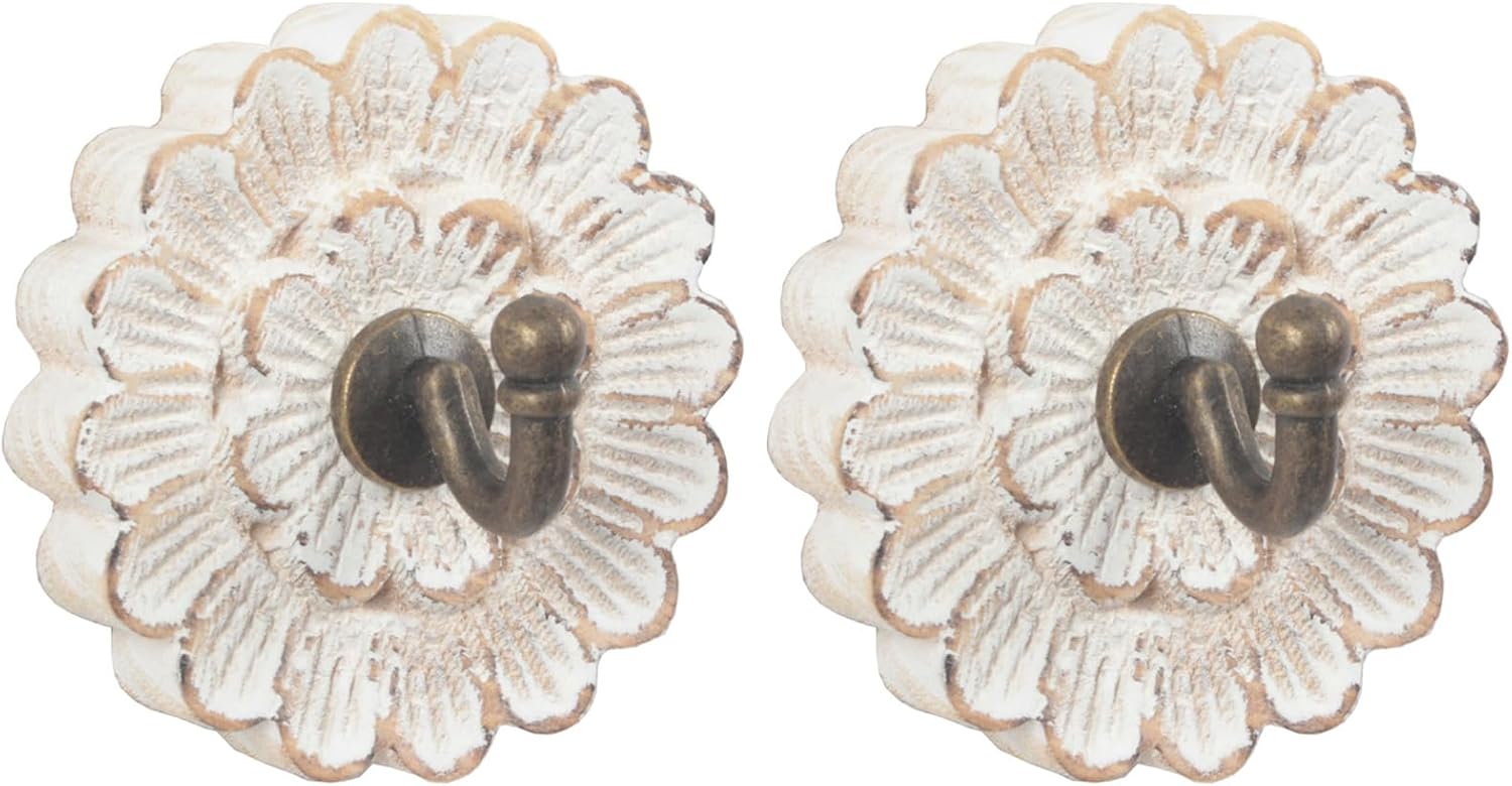 Distress Wood Flower Coat Hooks for Wall Hanging, Single Small Vintage Decorative Hanger for Keys, Bags, Towels (Robe Hanger S/2)