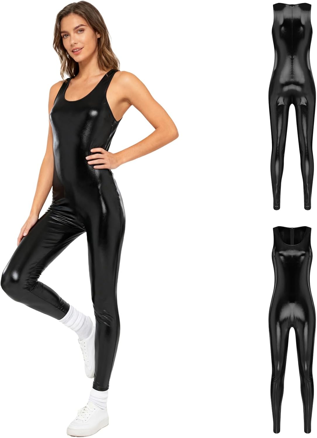 YiZYiF Iridescent Unitard for Women's Metallic Crew Neck Sleeveless Jumpsuit for Yoga Stage Dance