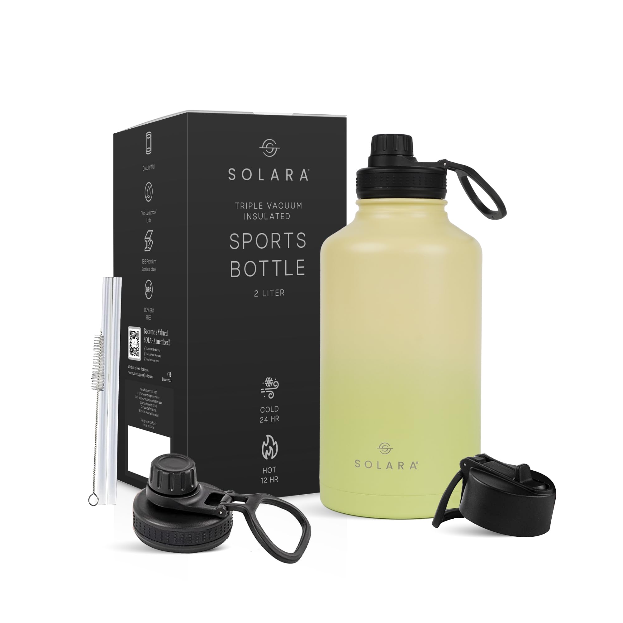 SOLARA Insulated Water Bottle 2000ml, Hot Water Bottle, Thermosteel Water Bottle for Travel, Home, Office, School, Gym, Adults, Waterbottle Hot and Cold, Sipper Bottle, Lime Green