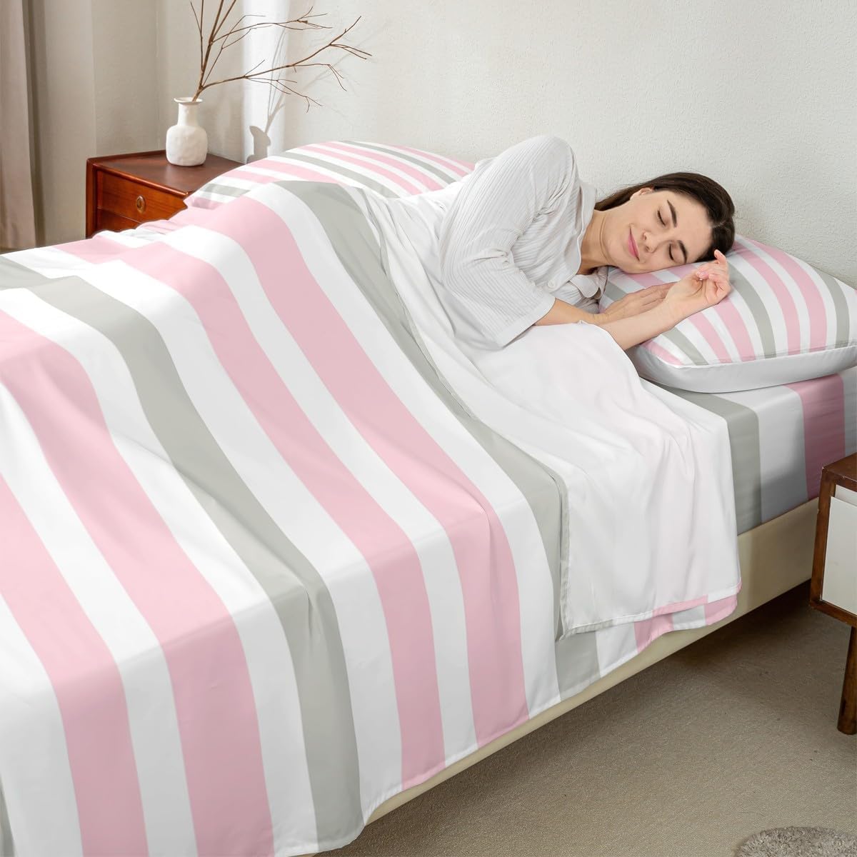 Homewish Pink Striped Sheet Set Queen Size,Grey White Lines Bedding Sets 4Pcs for Kids Girls Boys Teens Room Decor,Modern Simple Fitted Sheets Abstract Strips Top Flat Sheet,2 Pillowcases