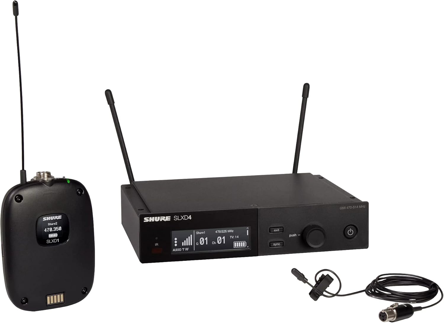 Shure SLXD14/DL4B Digital Wireless Microphone System - Includes SLXD1 Bodypack Transmitter with DuraPlex DL4 Lavalier Mic & SLXD4 Single Channel Rack Mount Receiver | J52 Band (SLXD14/DL4B-H55)