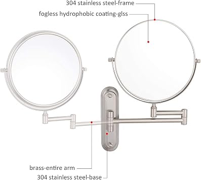 Wall Mounted Makeup Mirror with Magnification, Brushed Nickel Double Sided Magnifying Mirror, 360 Swivel Adjustable Cosmetic Bathroom Vanity Mirror,7X,8 inch