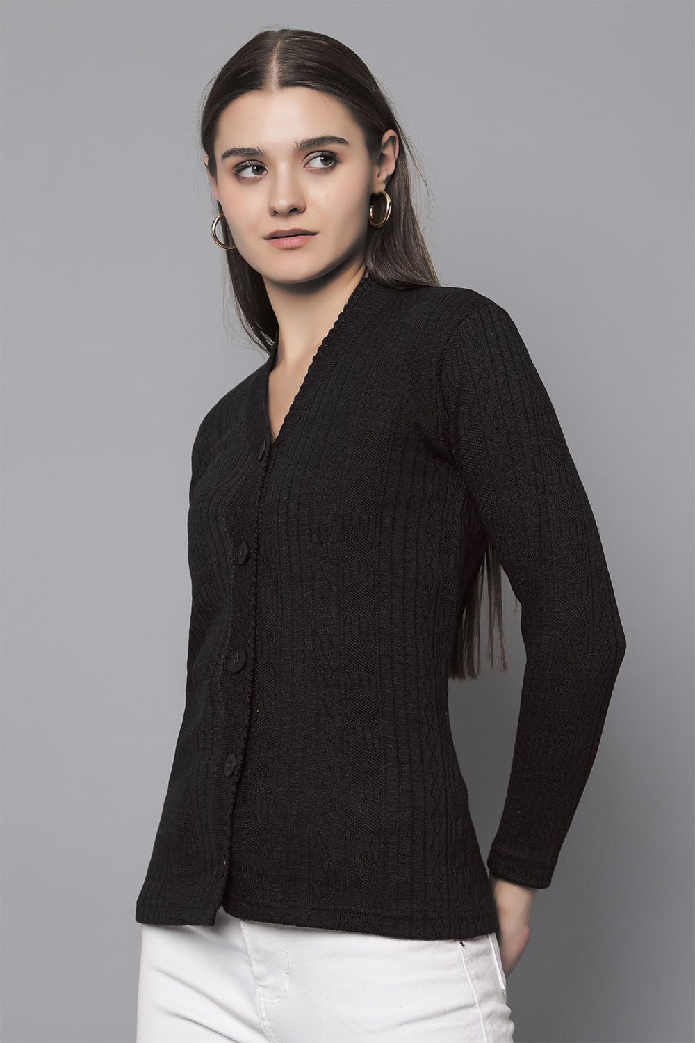 HIFZAA Women's Wool V-Neck Winter Cardigan Sweater -Plus Size, Anthra Black-3XL - Image 5 thumbnail