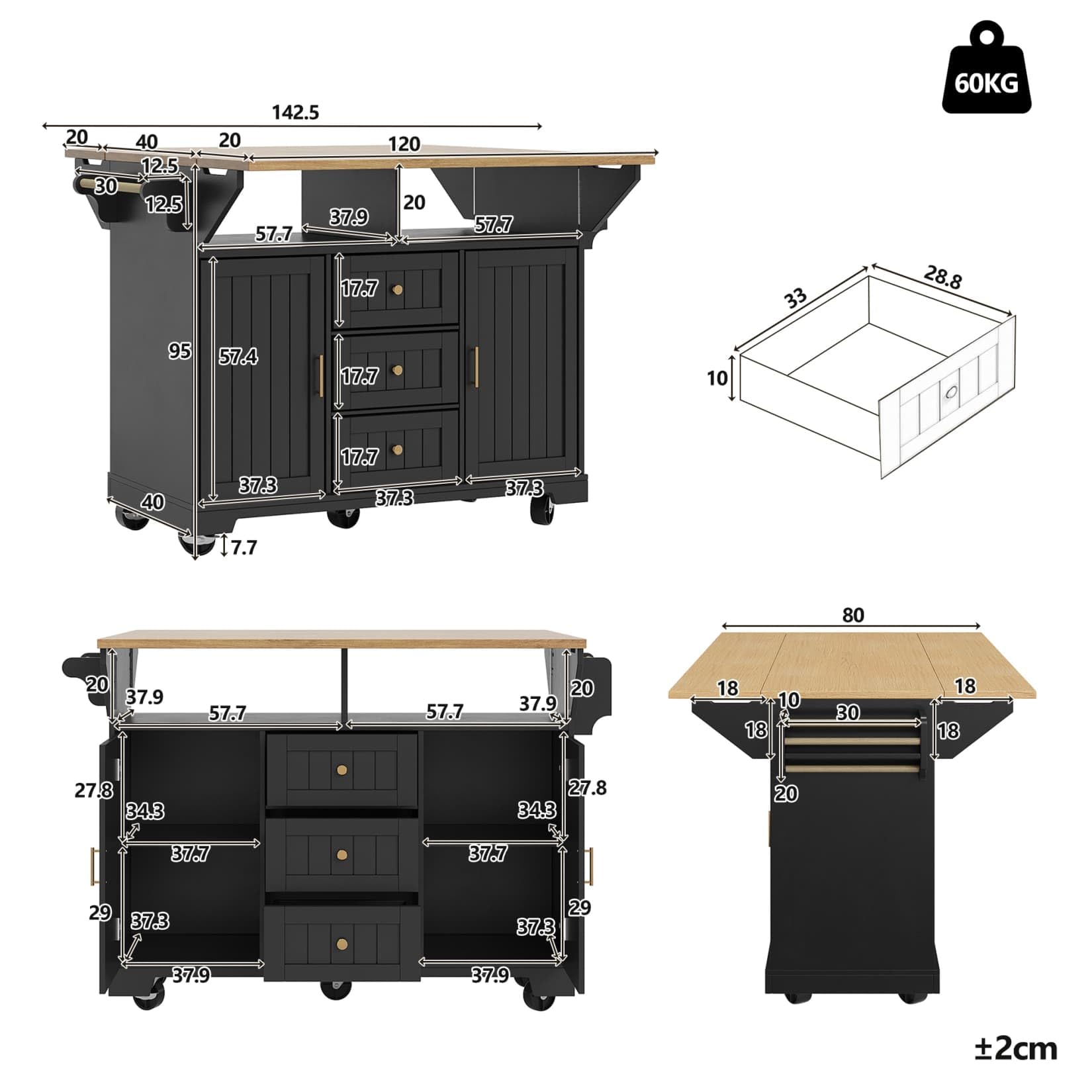 Desserte ilôt de Cuisine avec roulettes,Buffet Cuisine de Rangement avec Plateau de Table Pliable,Chariot de Repas,Buffet Mobile,3 Tiroirs et 2 Portes,142.5x40-80x95cm (Noir-E)