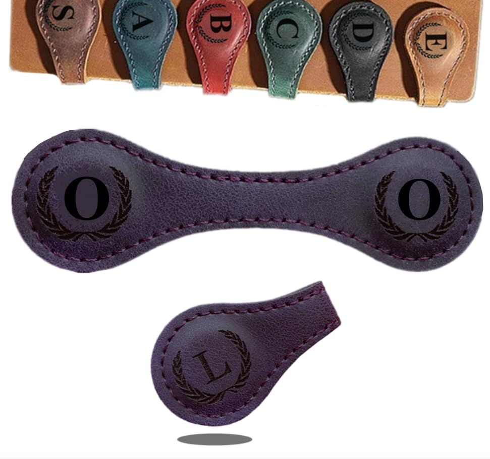 Personalised Magnetic Leather Bookmarks, Custom Engraved, Multifunctional Letter Bookmarks, Initial Gift for Book Lovers, Readers, Women (Purple, O)
