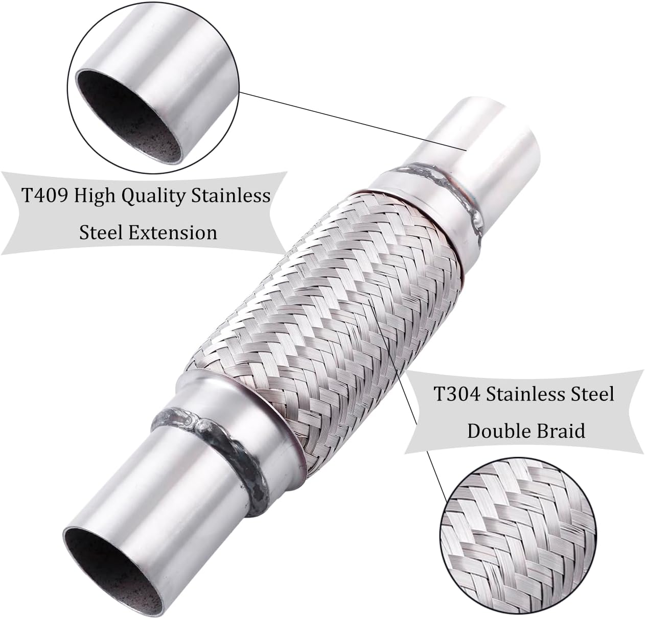 2.5''x 8'' Stainless Steel Flexible Exhaust Pipe Double Braid Heavy Duty Universal Muffler Pipe Replacement Overall Length 12'' for Cars and Trucks
