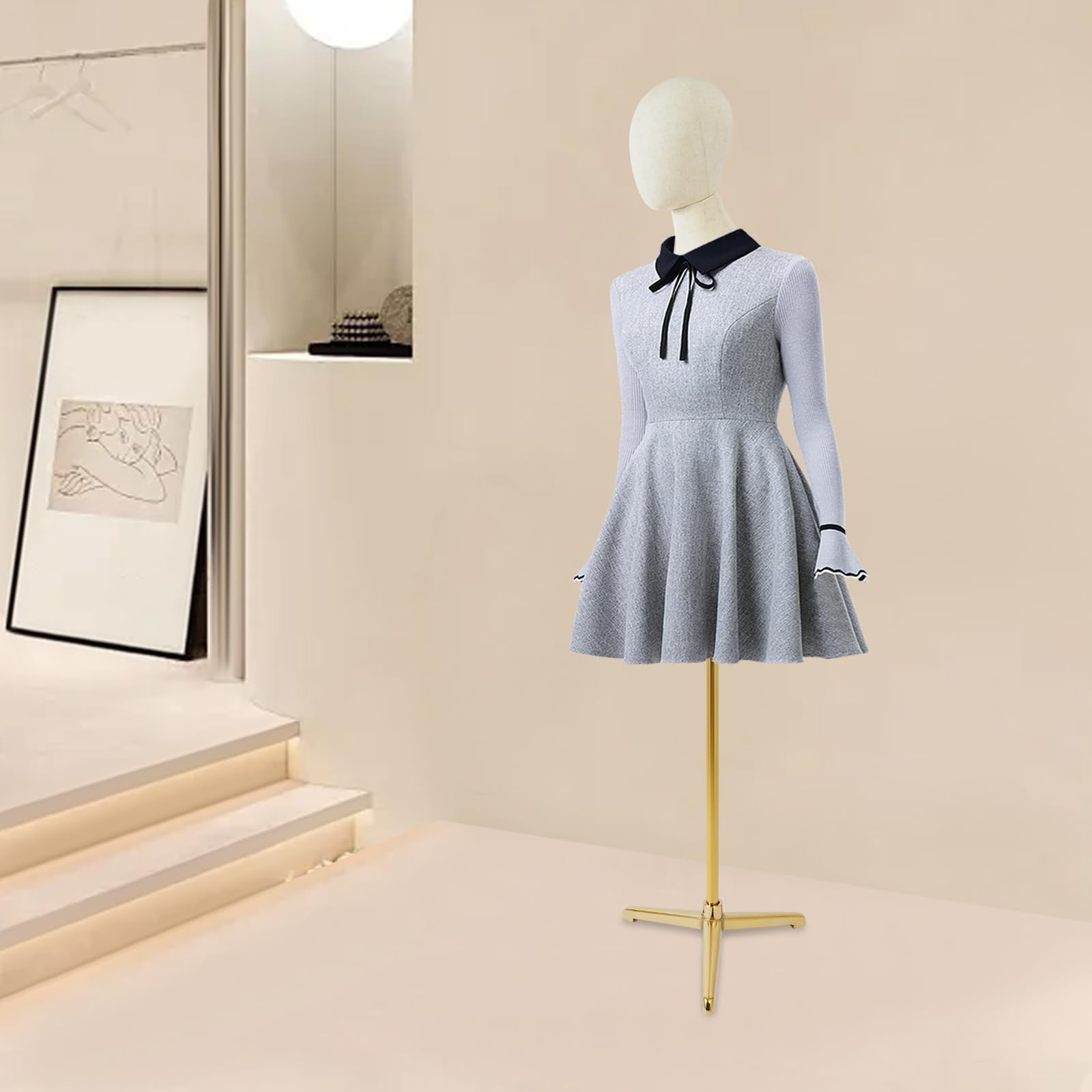 Schaufensterpuppe Weiblich Schneiderpuppe, Mannequin Torso mit drehbarem Kopf, Holzarmen mit beweglichen Fingern, Leinenbezug, höhenverstellbar 65–120 cm für Boutique und Schaufenster