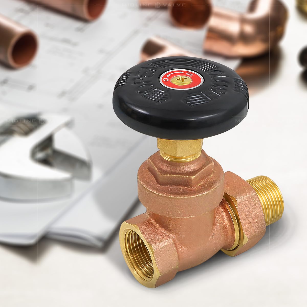 Midline Valve Válvula de puerta de radiador de vapor 6I33; control de temperatura de ventilación de aire; 1 pulgada FIP x unión macho; latón