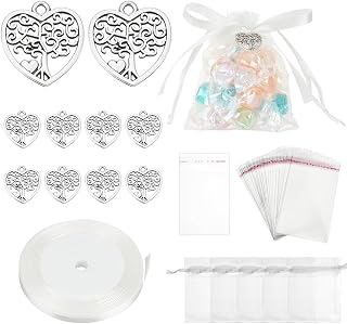 PH PandaHall 70 Sets Tree of Life Party Favors Heart Tree Charms with Organza Gift Bags with 24 Yards White Ribbons for Christmas Wedding Family Reunion Guest Return Gifts