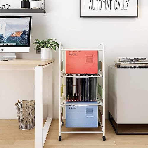 Miniatura 7 de LOYALHEARTDY Carro de archivo de metal de 3 niveles con ruedas, archivo colgante para tamaño carta, carpeta de archivos extraíble movible, estante