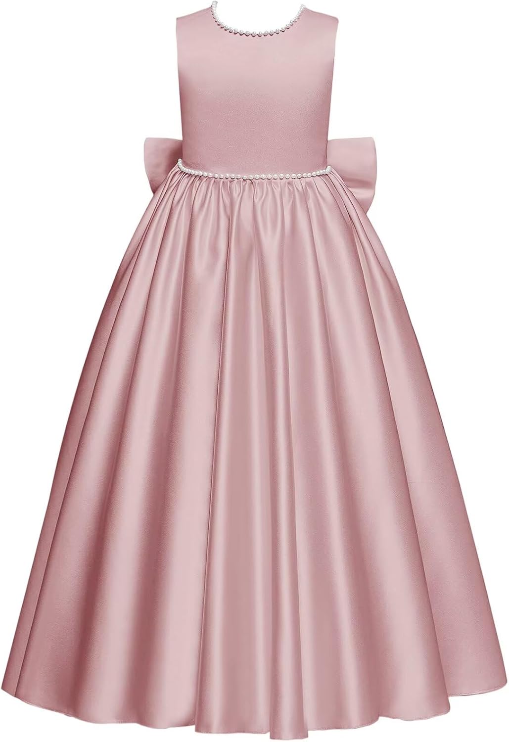 Satin Flower Girl Dress for Wedding Pearl Floor Length Kids Bridesmaid Dresses Princess Pageant Party Bow Gowns