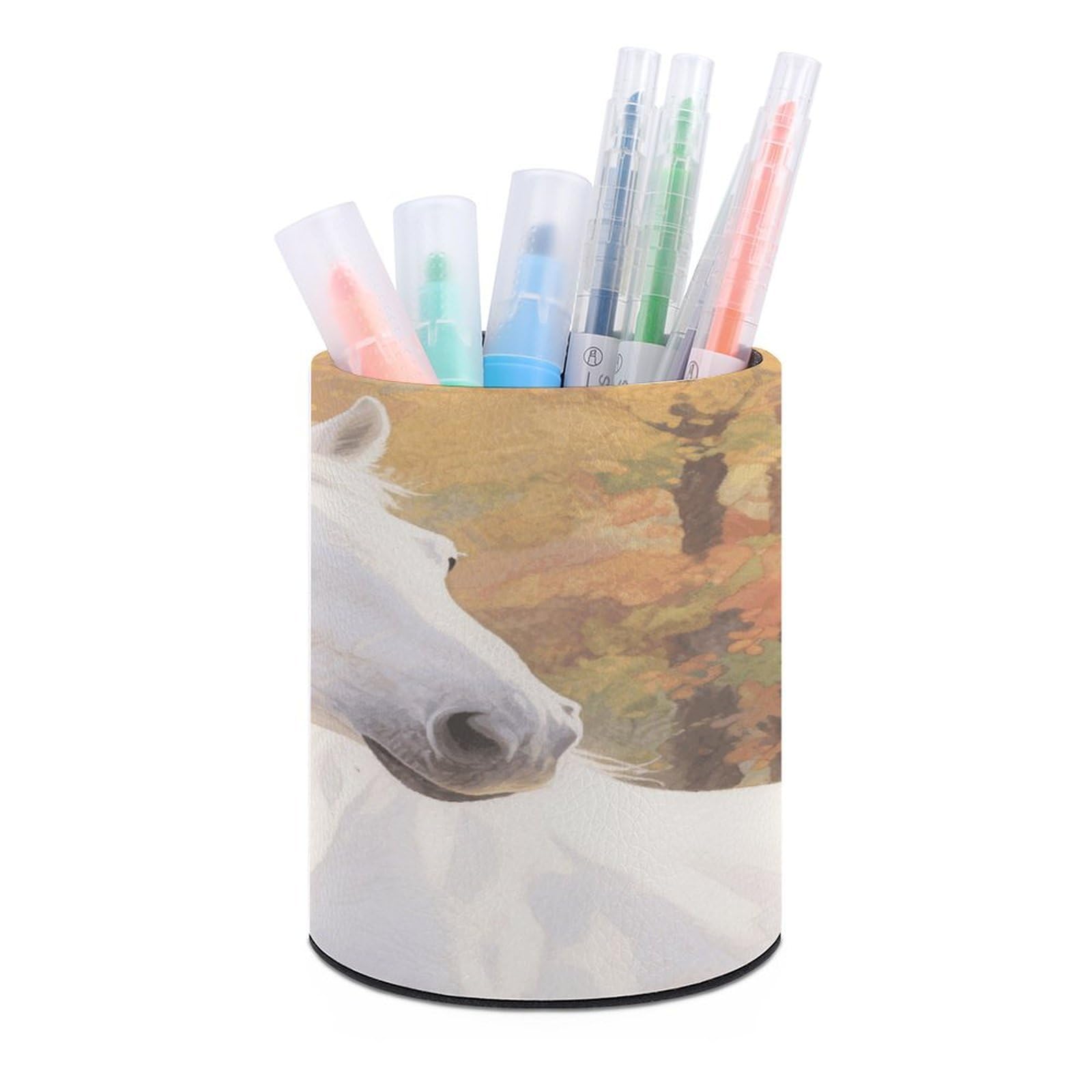 VstaDank Watercolor White Horse Pen Holder for Desk Makeup Brush Holders Stylish Pen Cup Cute Pencil Cup Round Pencil Holder Decor Brush Scissor Holders for Multifunctional Office Supplies