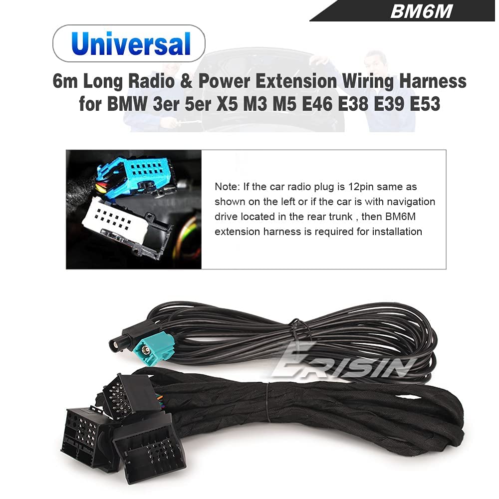 Erisin Cavo di prolunga per antenna radio e alimentazione da 6 m per autoradio BMW E46 Serie 3 Serie 5 E39 X5 E53 M3 M5, Spina di connessione: connettore Quadlock a 40 pin e connettore ISO a 17 pin