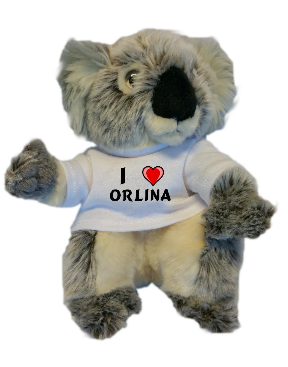 Personalised koala plush toy with I love Orlina T-Shirt (first name/surname/nickname)