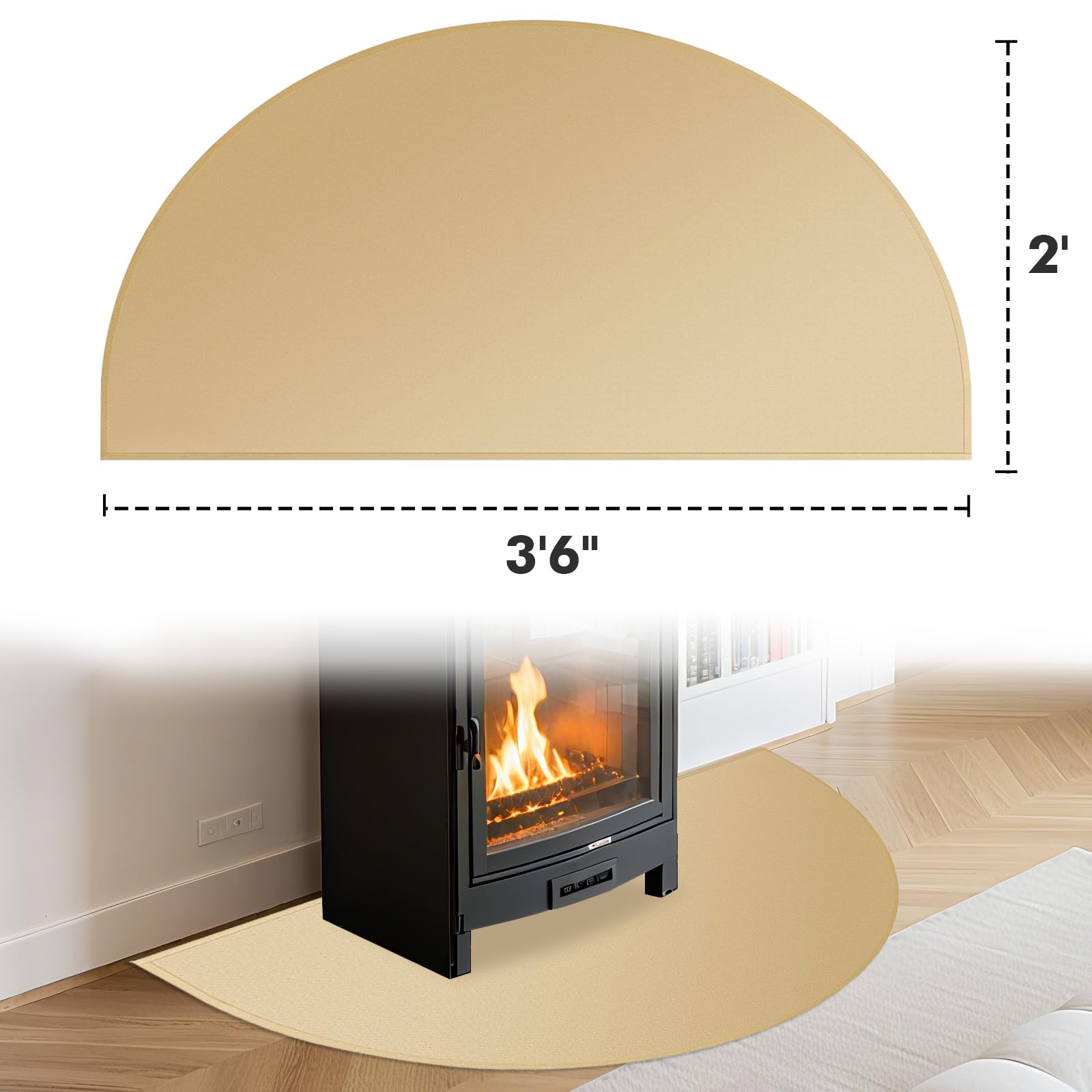 TOHONFOO Tappeto per focolare per camini, resistente al fuoco, 61 x 106,7 cm, semicircolare, ignifugo, per interni ed esterni