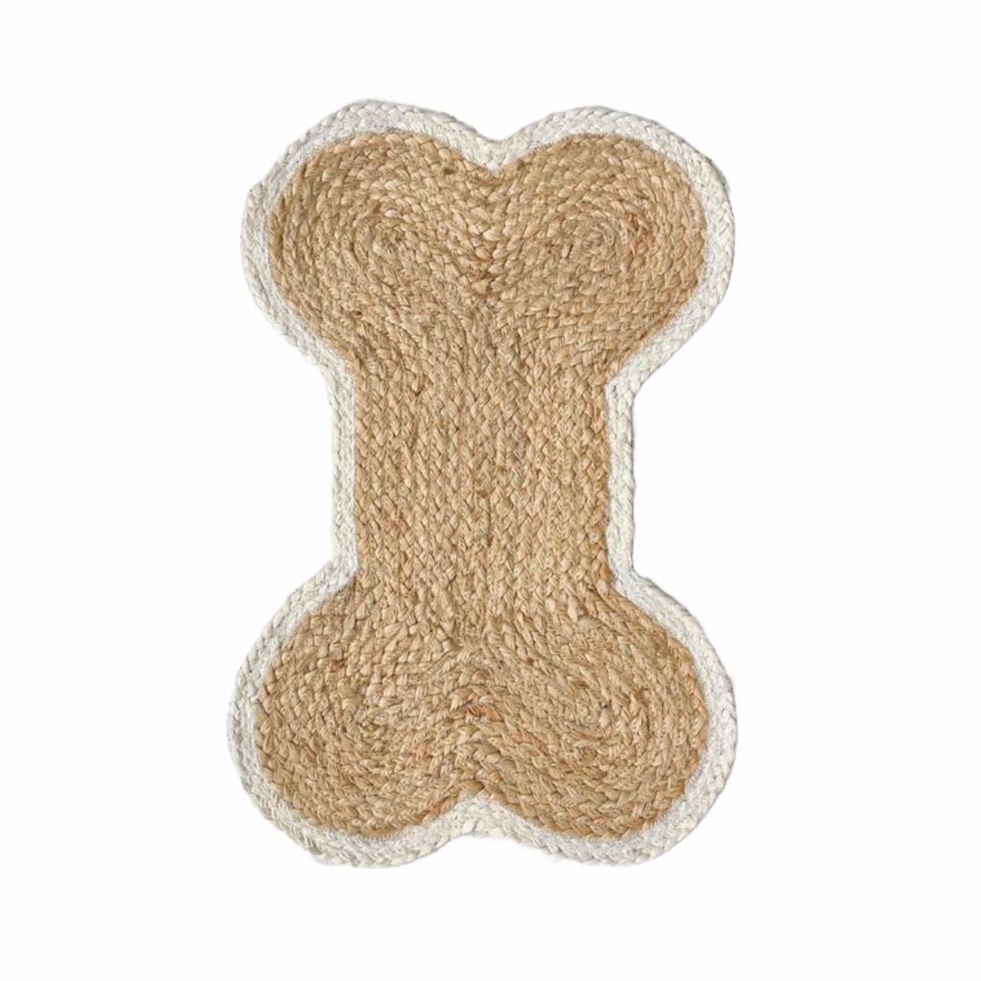 Bone Shaped Feeding Mat Dog Cat Bowl Handmade Indoor Rug Door Mats for Entrance Back Door Natural Handmade Dog Placemat (Chew - NAT/White)