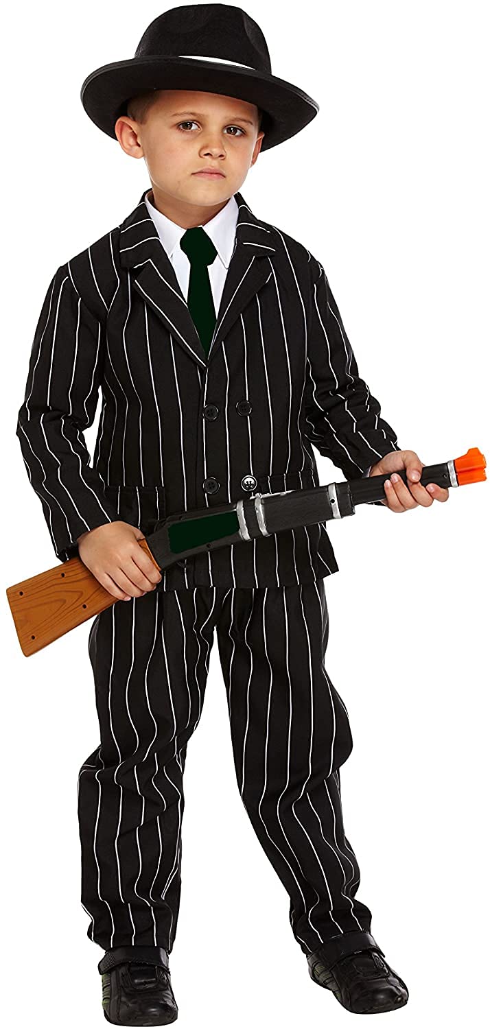 1920s Black Pinstripe Gangster Child Costume Mafia Boys Book Week Fancy Dress (10-12 years)