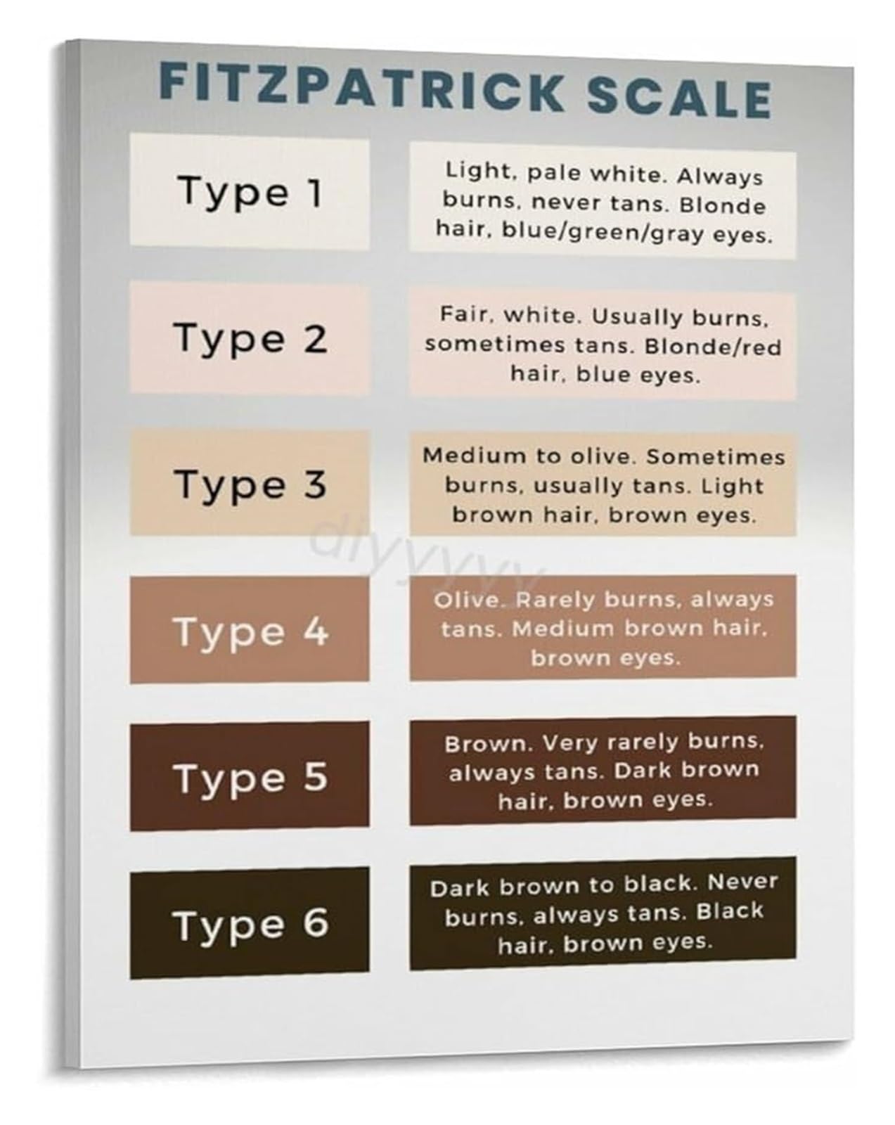 MDBJTCYZN Skin Tone Chart Poster Sun Sensitivity and Type Guide Canvas Art Print for Aesthetic Clinic Decor(Unframed,08x12inch(20x30cm))