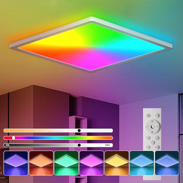 BLNAN RGB Ceiling Light with Remote, 12 Inch 24W Dimmable Led Flush Mount Ceiling Light Fixture 3000K-6500K Modern Square White Panel Lamp for Bedroom Kidroom Party Festival