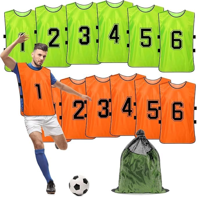 Scrimmage - Gilet da allenamento (12 pezzi) per sport di squadra, per adulti, ragazzi e calcio, blu, arancione, Taglia unica