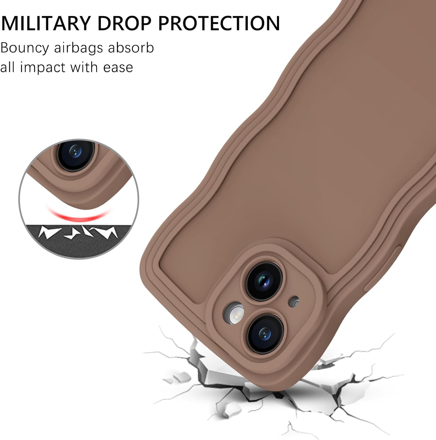 GUAGUA Compatible with iPhone 14 Case 6.1 Inch Cute Curly Wave Shape iPhone 14 Phone Case with Adjustable Wristband Kickstand Slim Soft TPU Shockproof Protective Strap Case for iPhone 14, Brown - Image 5