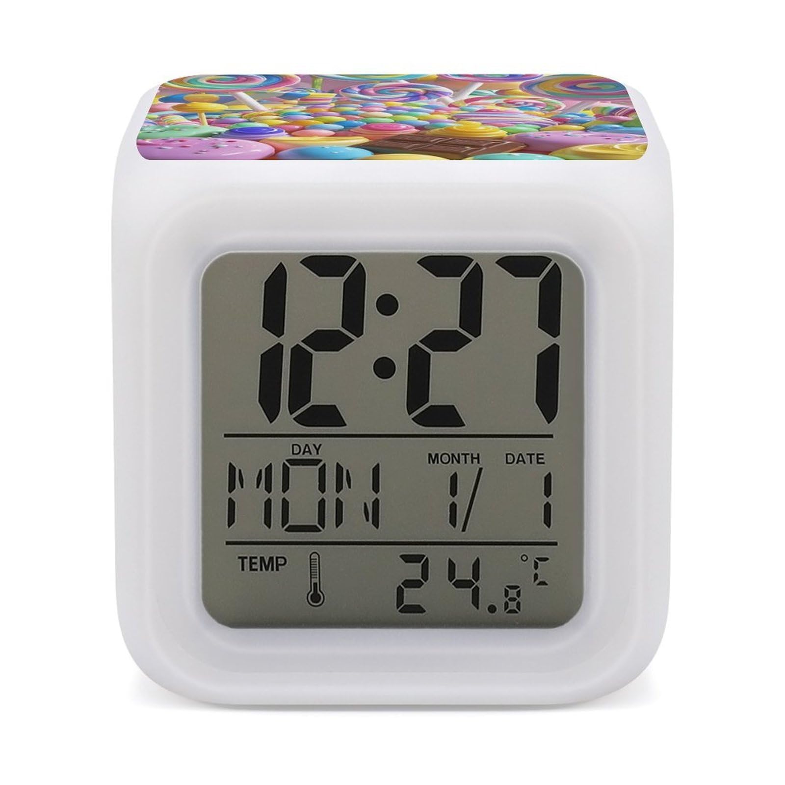 LZQPOEAS Candy Alarm Clock Desk Clock with 7 Color Changing Night Light Digital Clocks with Temperature Display Sleep Training and Sound Machine for Heavy Sleeper