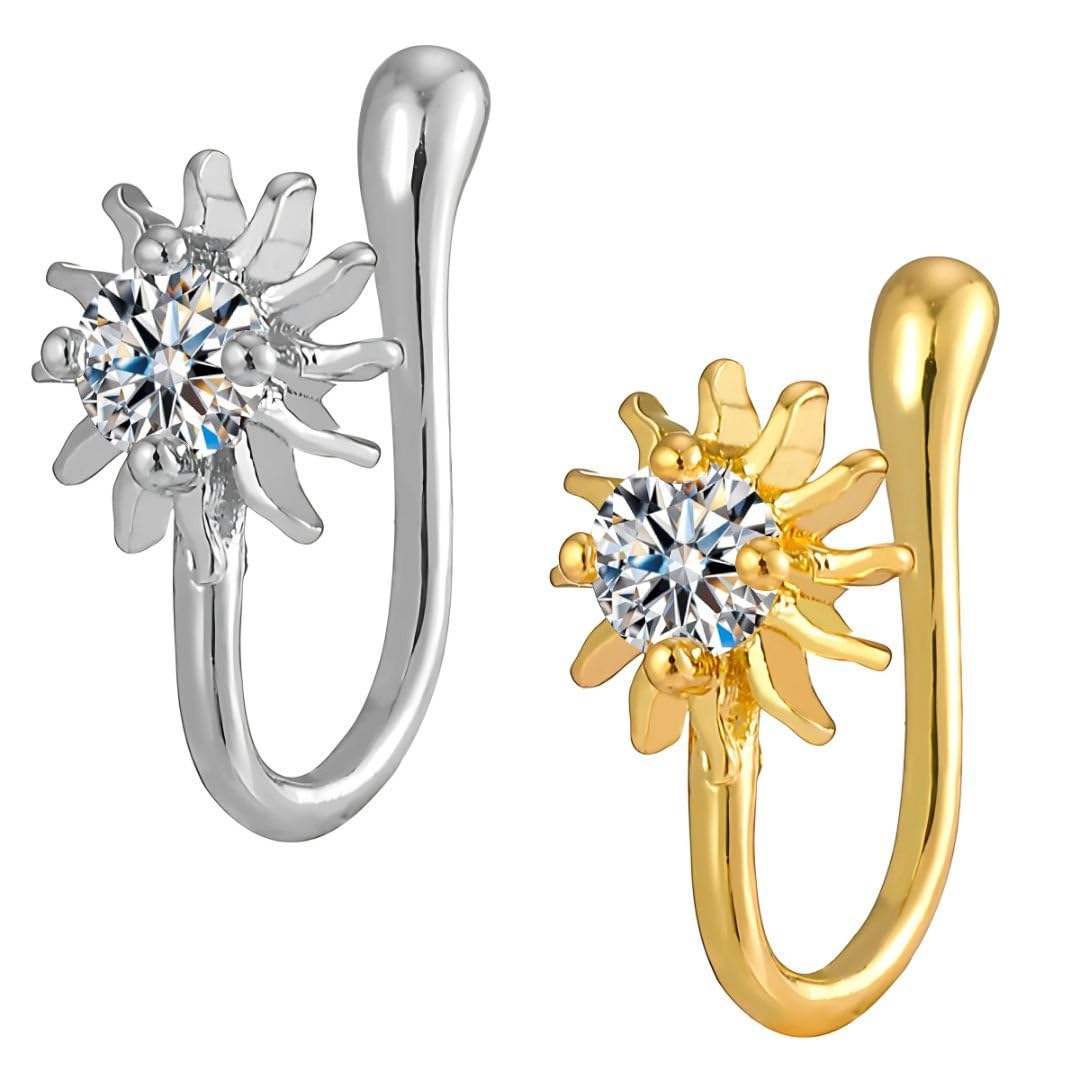 via mazzini Gold And Silver Plated 'Crystelle Sun' Clip-On No-Piercing Required Nose Ring For Women And Girls (NR0270) 2 Pcs-picture-12
