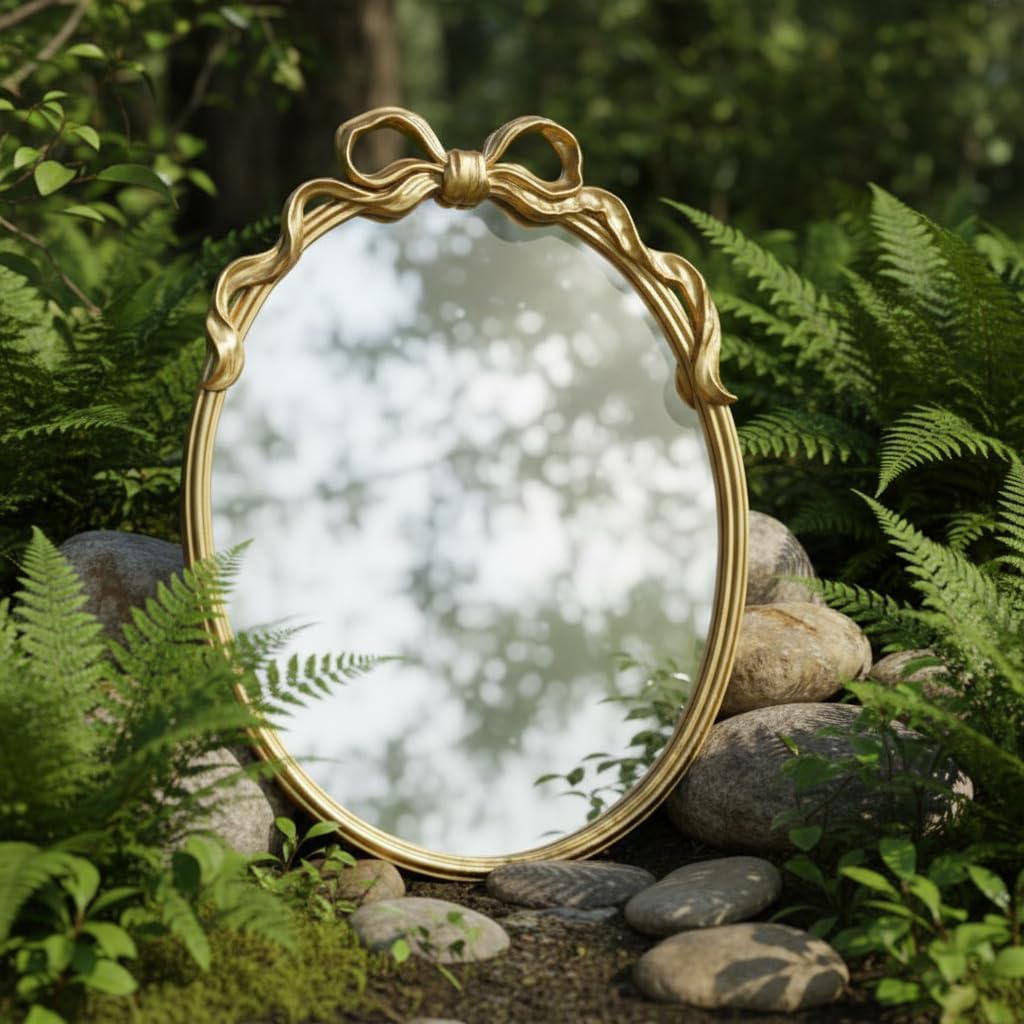 Oval Wall Mirror with Gold Finish, Iron Frame with Decorative Bow Design, Elegant Vintage Style