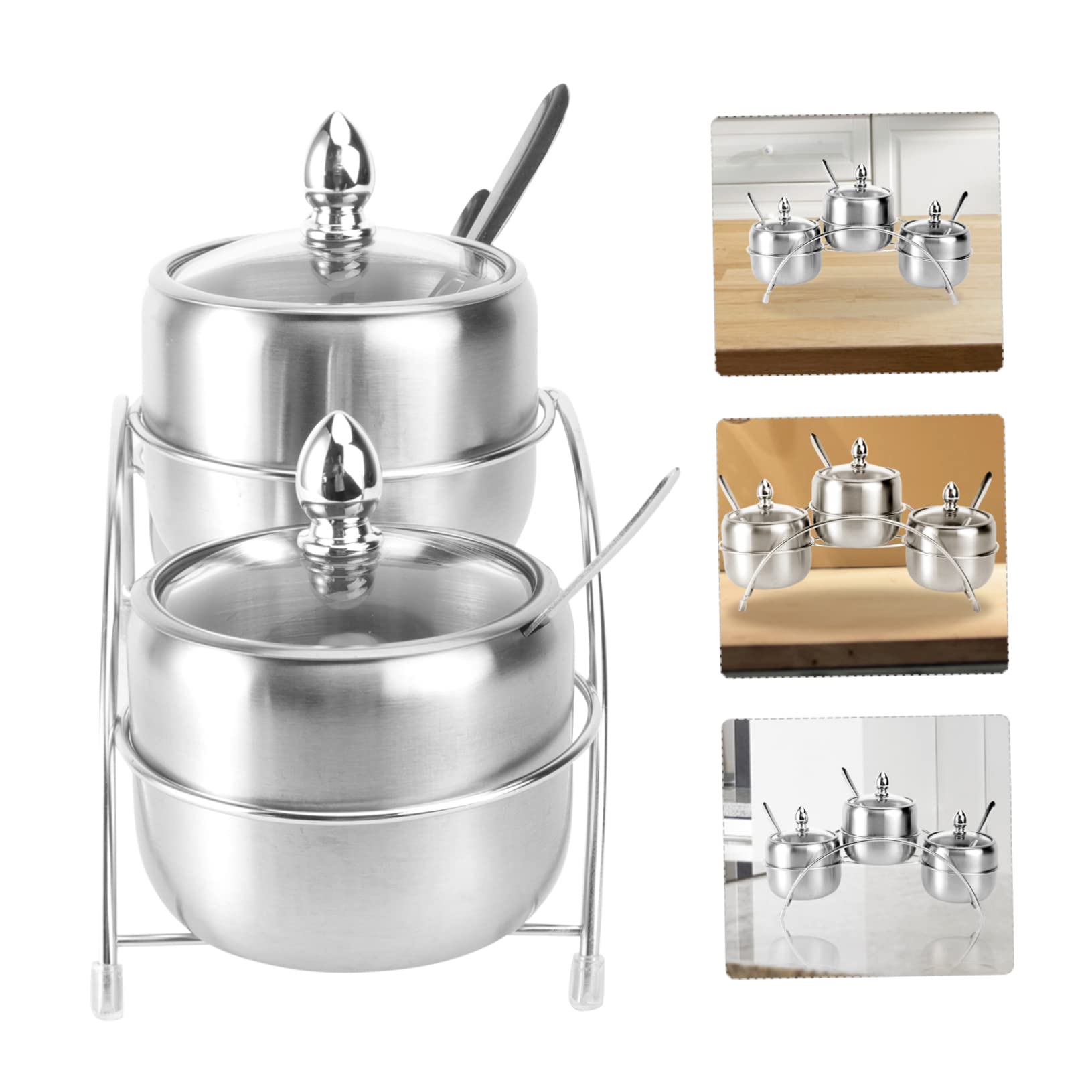 Cabilock Support à Épices en Acier Inoxydable Argenté 1 Set 4 Compartiments Pratique Cuisine et Rangement des Condiments Style Européen
