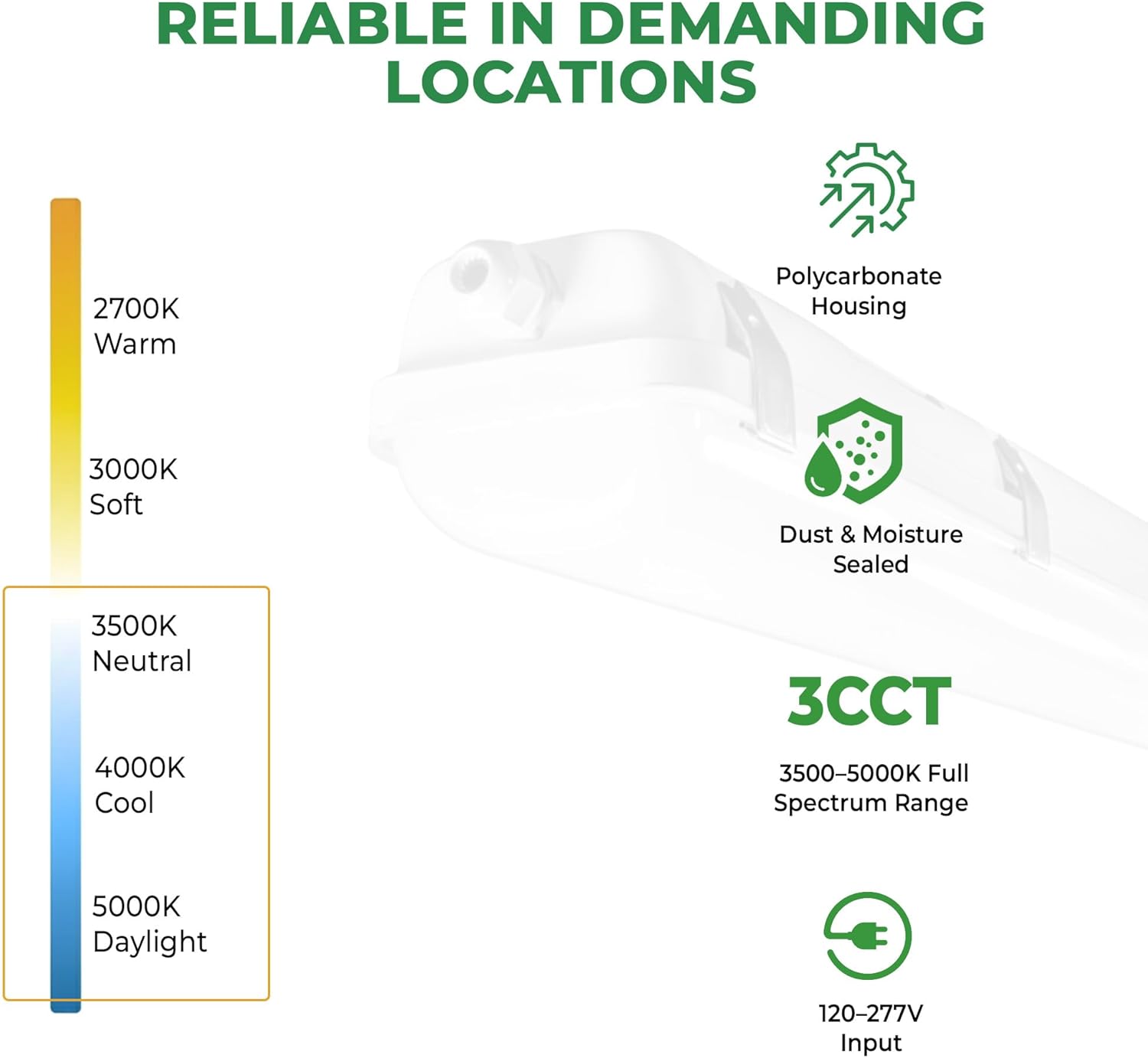 E2 LIGHTING 4FT LED Vapor Tight Light with Emergency Battery Backup, 30W/40W/50W Wattage Selectable, 3CCT 3500K/4000K/5000K Tunable, Waterproof 6000LM 120-277V Commercial LED Fixture