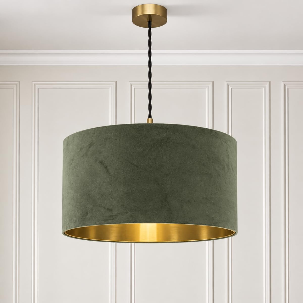 CGC Lighting Indoor Ceiling Lampshade Large Velvet Fabric Lamp Shade 45cm Diameter Gold Reflective Inner Drum Pendant Table Lamp Bedroom Dining Room Lounge (Olive Green & Gold)