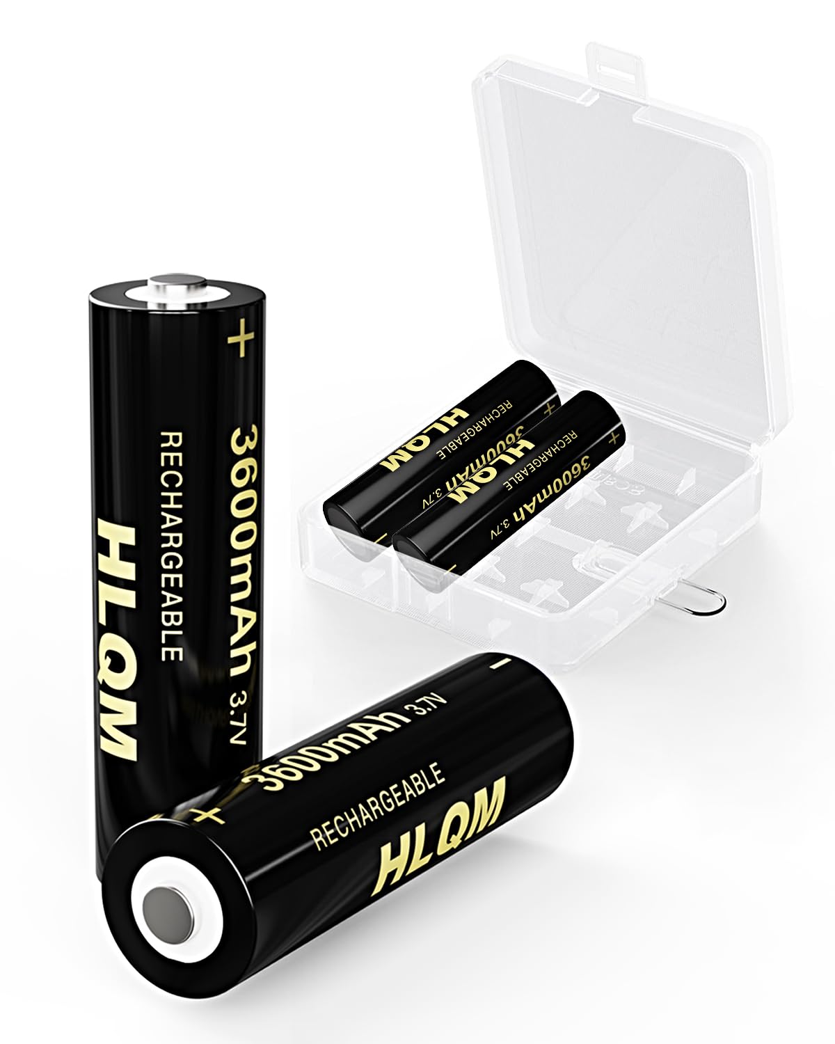 Universal 4 Pack 18650 Rechargeable Battery Set, 3600mAh 3.7V Button Top Battery with Storage Holder Case for Doorbells, Flashlights, Headlamps, Cameras, Toys, and Remote Controls