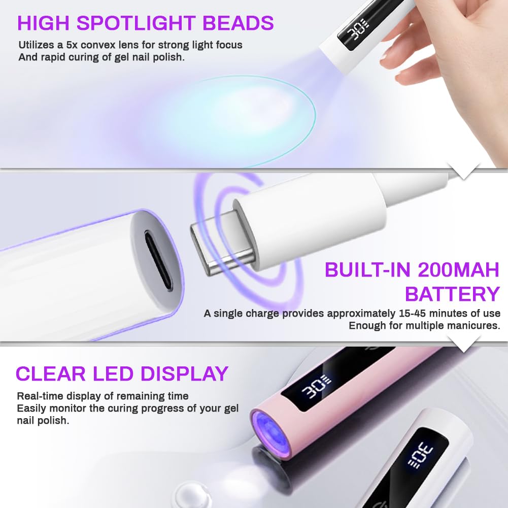 Flintronic Lampe UV Ongles Gel, 3W Lampe UV Ongles Gel Portable, avec Support, Charge Rapide USB-C, Double Minuteur 30s/60s, Minicure Lampe UV Professionnel, Séchoir à Ongles Rapide, Écran Tactile