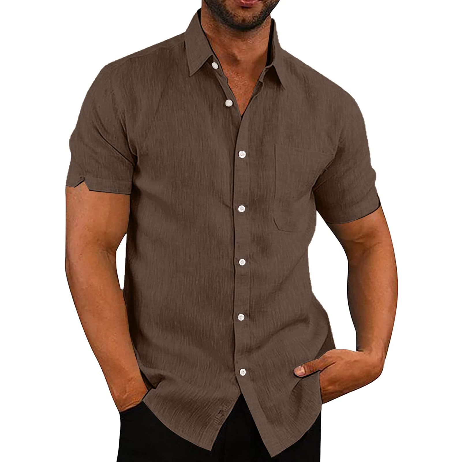VANVENE Camisas de manga corta para hombre Casual Regular Fit Business Linen con botones