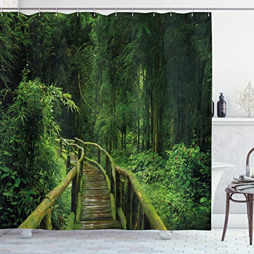 ABAKUHAUS Urwald Duschvorhang, Tropical Thailand Wald, Stoffliches Gewebe Badezimmerdekorationsset mit Haken, 175 x 240 cm, Grün