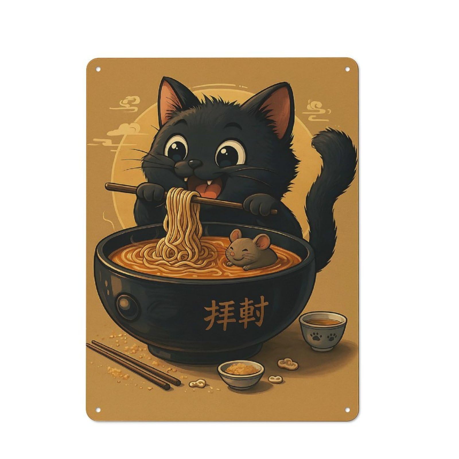 Junmoney Style-18 Metal Plaque 40X30cm With Cartoon Cat Eating Ramen With Mouse For Hallway Wall, Rustic Decor, A Metal Wall Feature For Hallways And Entrance Areas