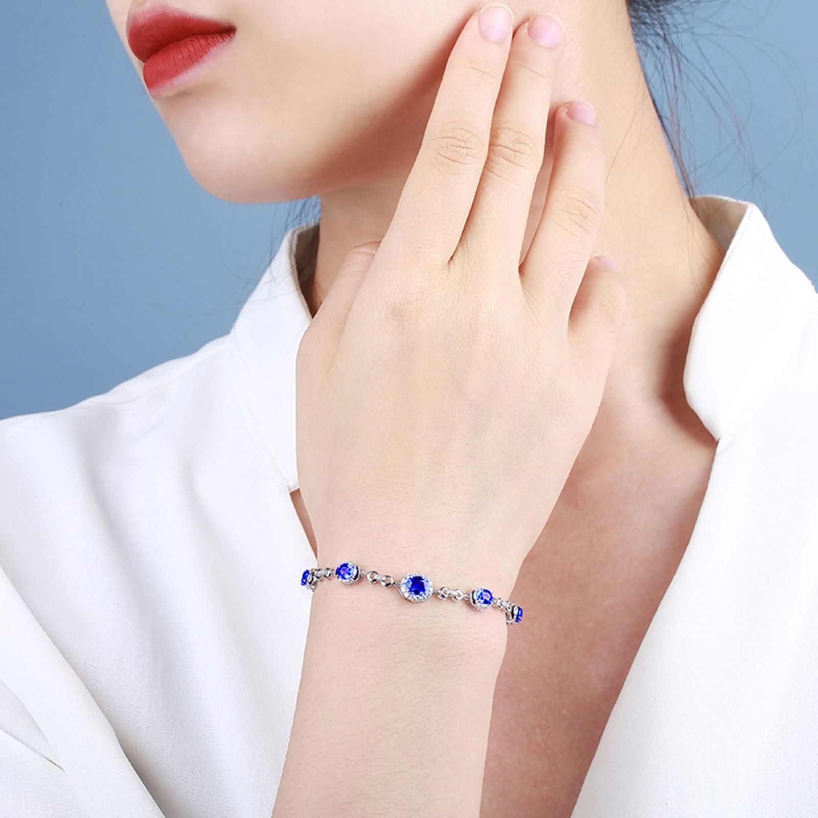 Donna Bracciali Catena Oro Bianco 9 K / 14 K / 18 K 750, Ovale con Zaffiro Creato da 4,22 ct e Moissanite, Regolabile 16 CM + 5 CM, Bracciali Catena Blu Argento Donna