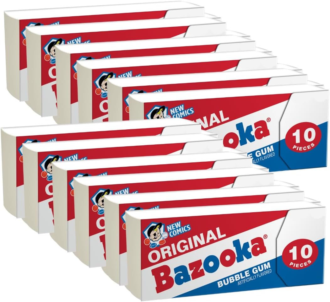 Bazooka Original and Blue Razz Bubble Gum, 10 Count (Pack of 12)