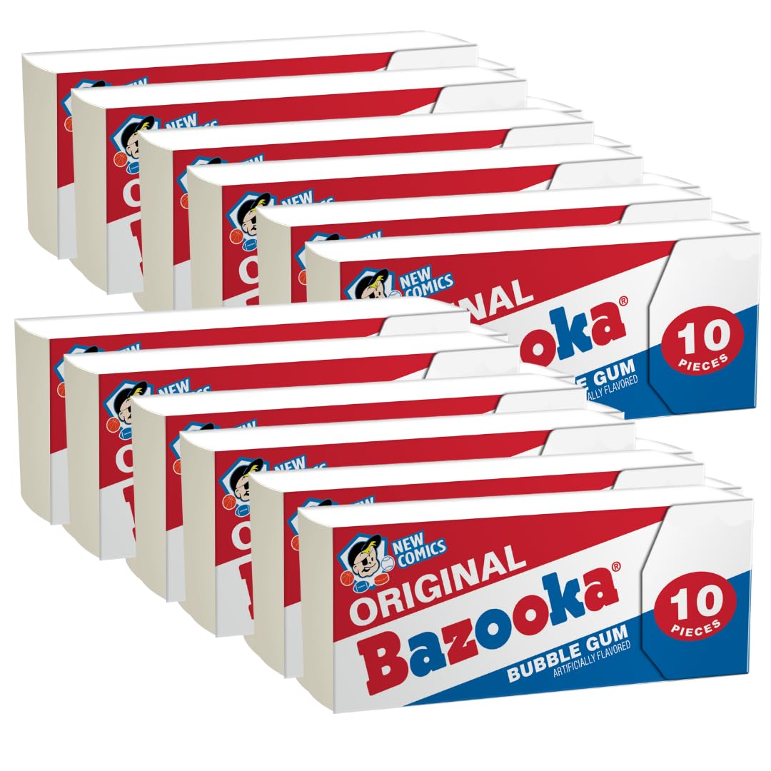 Bazooka Bubble Gum Individually Wrapped Pink Chewing Gum in Original Flavor - 10 Piece Wallet Packs (Pack of 12) - Fun Old Fashioned Candy for Kids