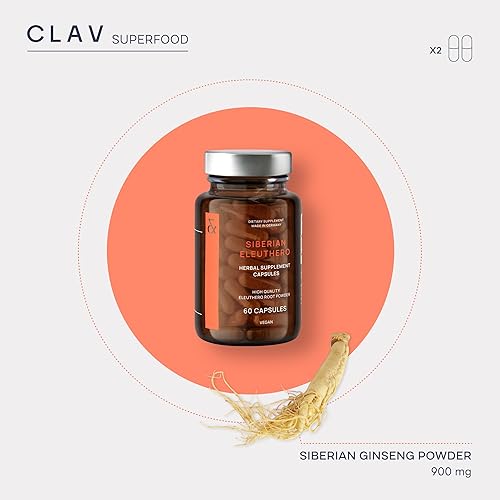 Miniatura 4 de CLAV® Siberian Ginseng - Polvo de raíz de Eleuthero de 900 mg - Suplemento energético - Reducción del cansancio y la fatiga - 60 cápsulas de ginseng