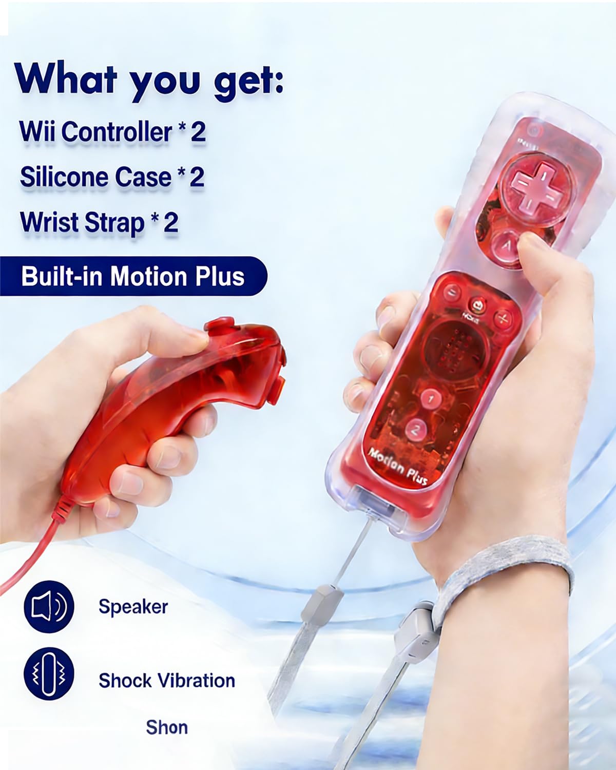 SONVIEE Manette de Wii Remote Controller avec Motion Plus et Nunchuck Contrôleur Joystick Télécommande de Remplacement pour Wii avec étui en Silicone et Dragonne (Rouge&Bleu)