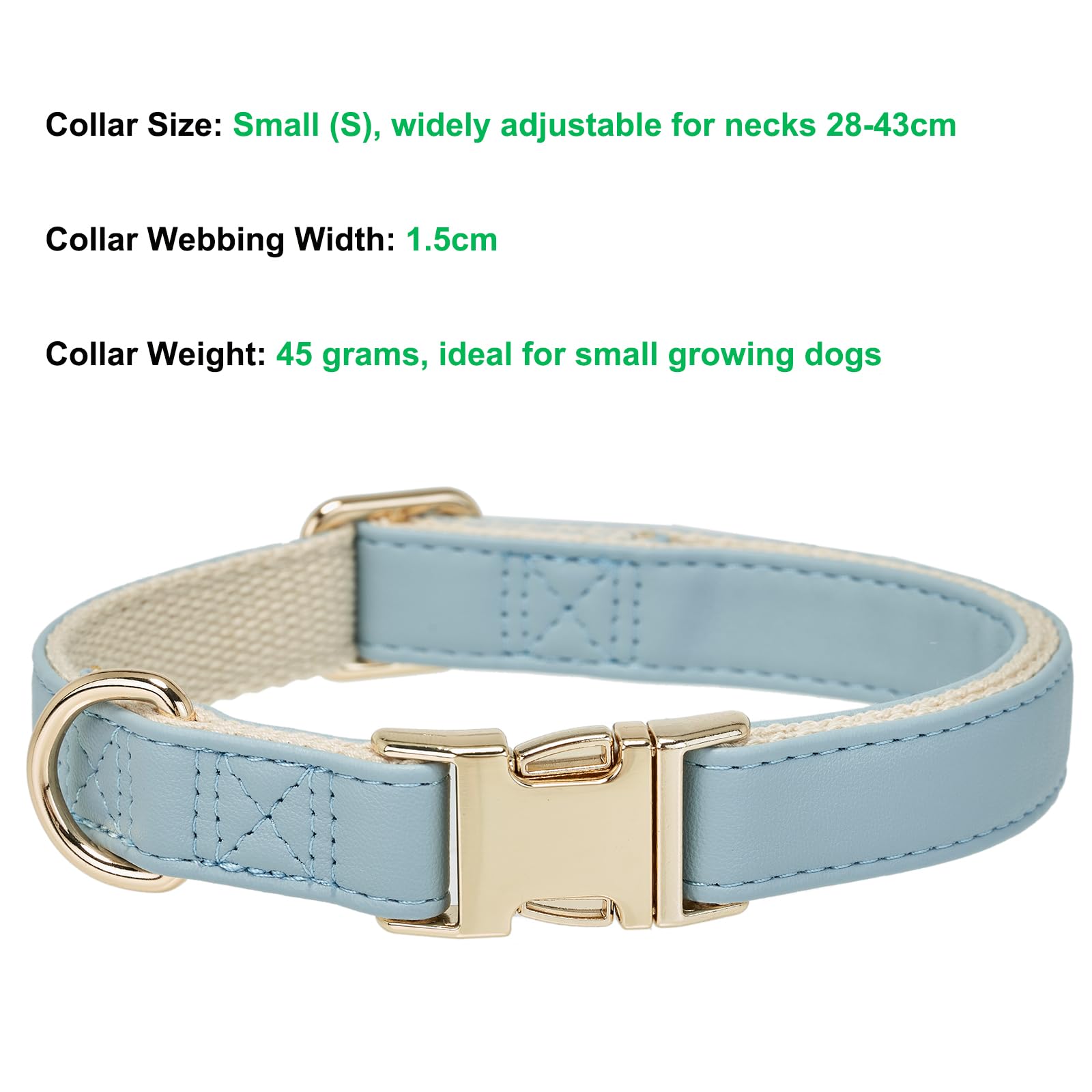 YUDOTE Soft Leather Dog Collars with Safety Quick Release Metal Buckle,Natural Cotton Padded Pleather Collar for Small Dogs with Senstive Skin,Light Blue - Image 3