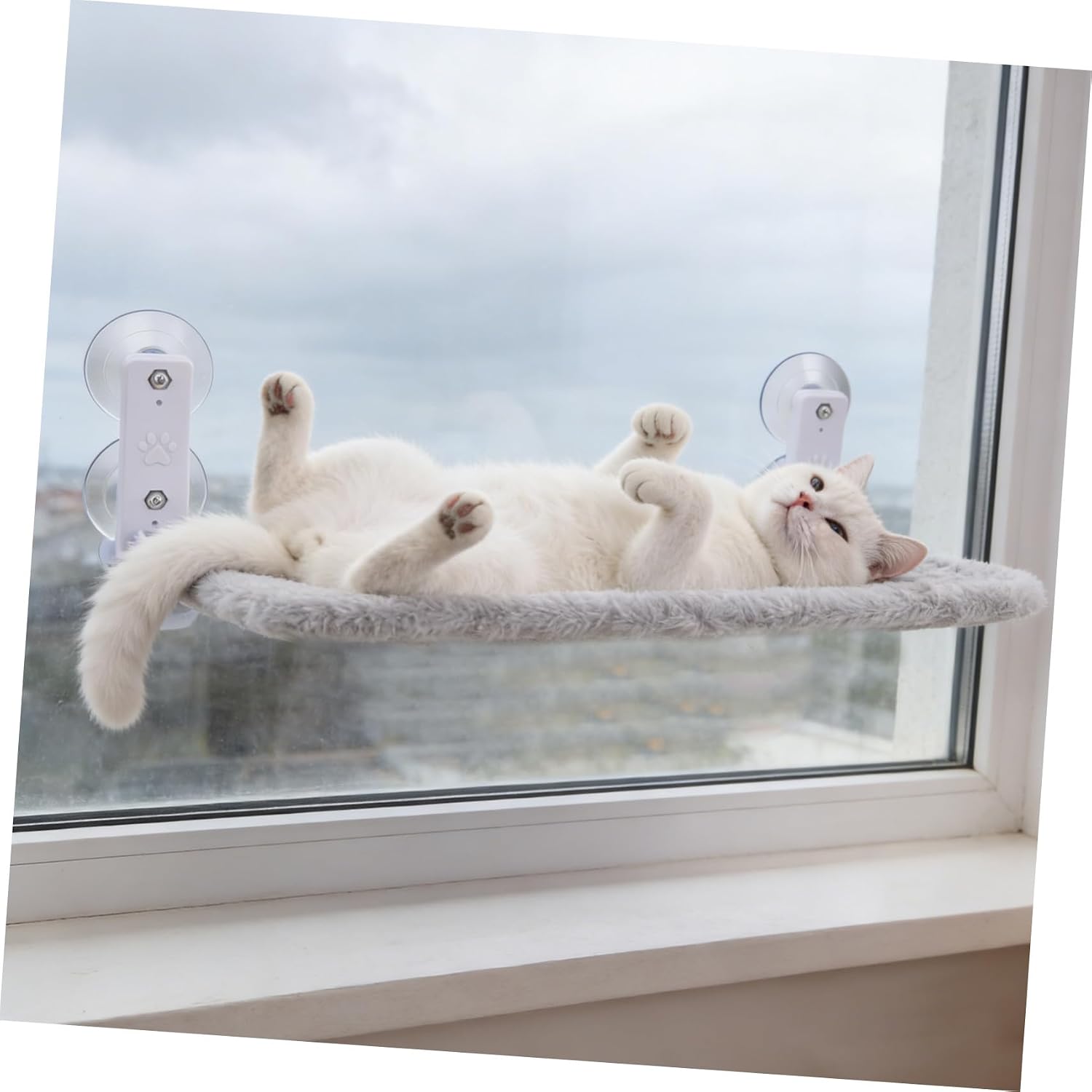 Cat Window Perch Suction Cup Hammock Bed 30x52cm for Cats | Imitation Rabbit Fur Fabric Removable Washable Design Plastic Mounts with Iron Pipe Frame Indoor Window Sunbathing