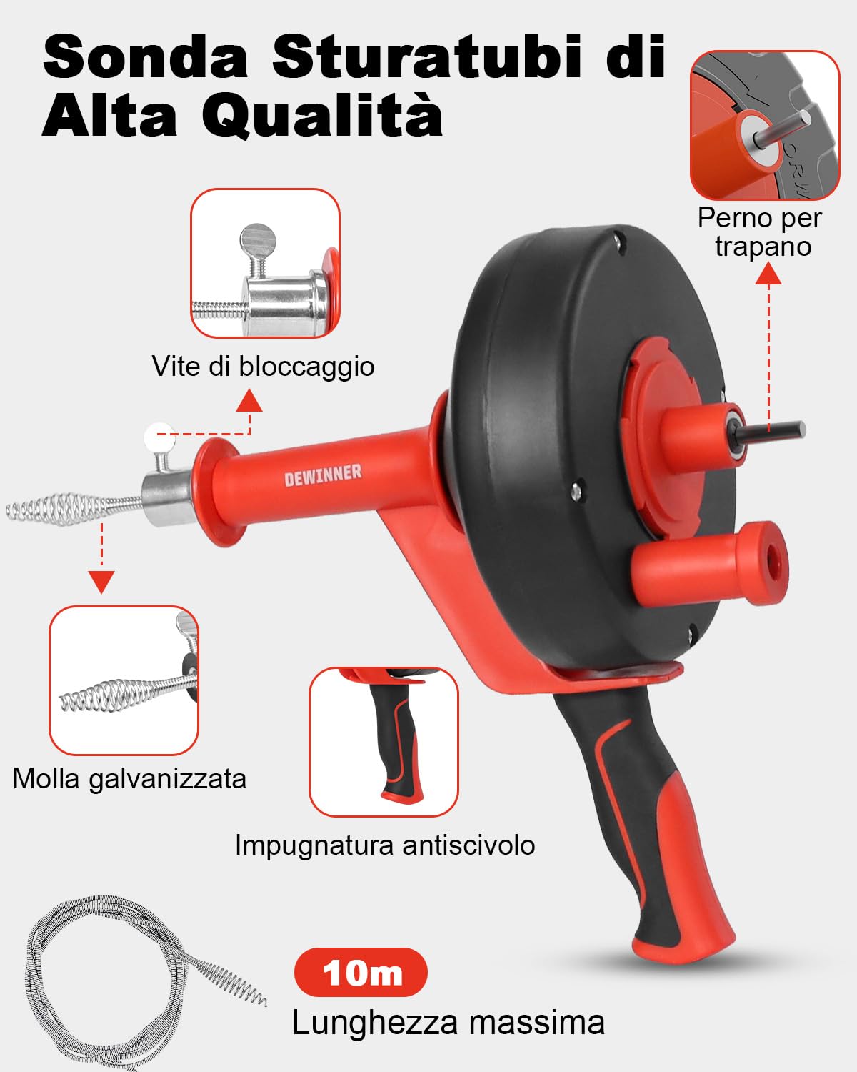 DEWINNER Sonda Sturatubi, serpente di scarico con adattatore per trapano, 10 m, flessibile, da usare manualmente o alimentato per cucina, bagno e doccia lavello con guanti