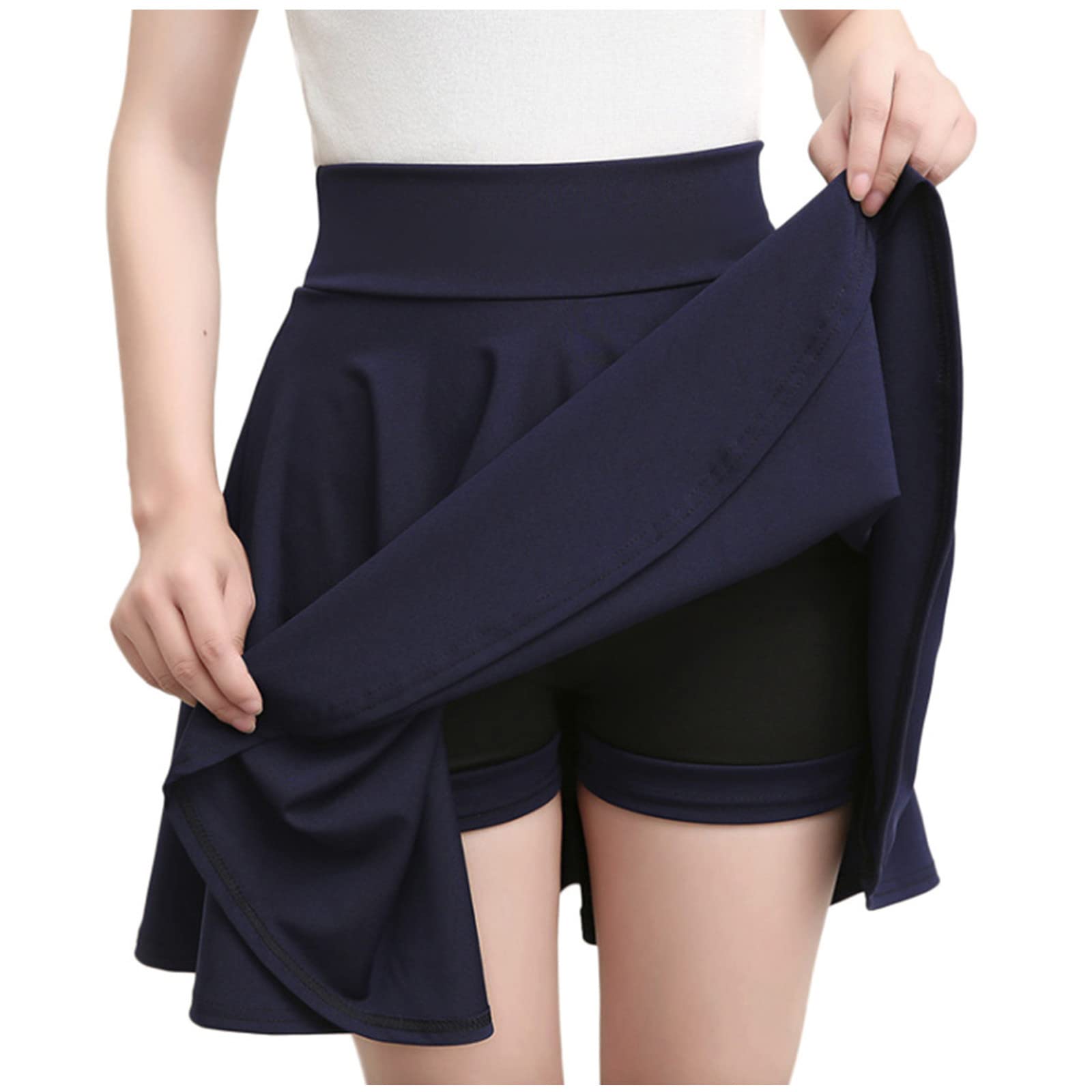 Rkaixuni Women's Navy Pleated Mini Skirts With Shorts Underneath Casual Pull On Elastic Waist Stretchy Skort Preppy Skater Skirt