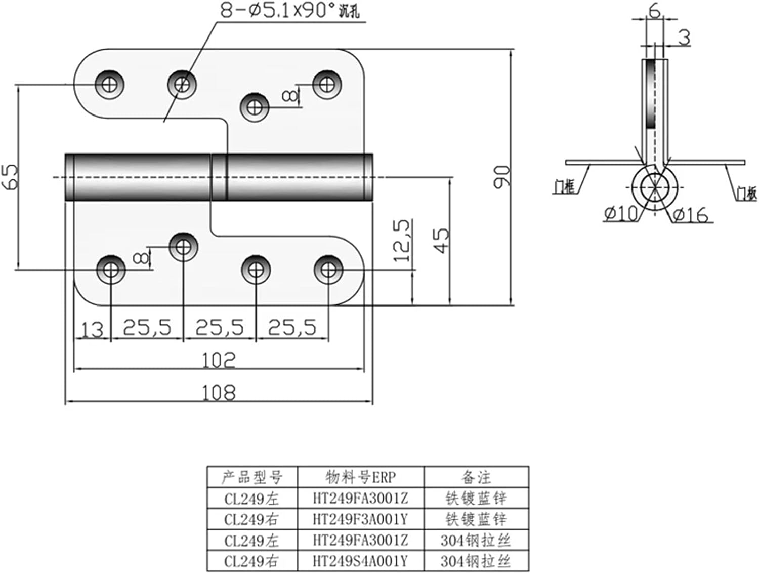 CL249 Stainless Steel Heavy Duty Removable Detachable Lift-Off Industrial Door 1Pcs(CL249 Iron L)