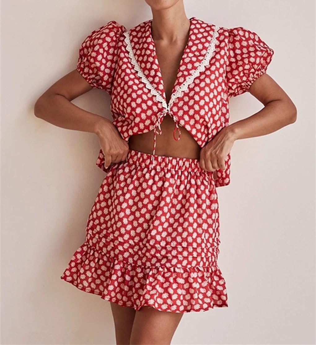 Women's V-Neck Lace Stitching Hollow Short-Sleeved Top Printed Shorts Two-Piece Set