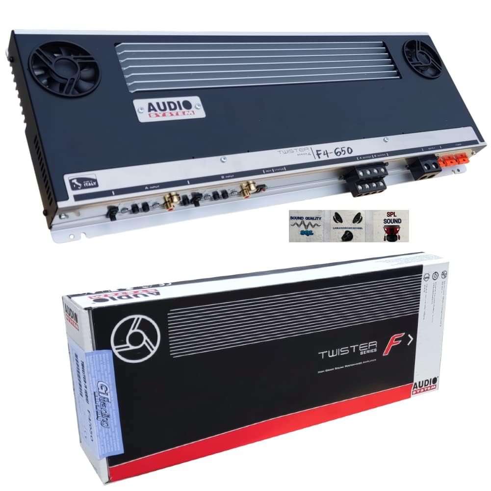 KIT SET PER AUDIO SYSTEM F4-650, 1 amplificatore 4 canali classe ab 4 x 260 watt rms a 2 ohm spl bagagliaio cofano auto, 1 pezzo + 3 sticker omaggio